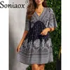 Casual Dresses Vacation Ethnic Style Print V Neck Pullover Womens Half Sleeve Dressy Female Summer Daily High midje kjol 230428