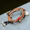 Strand Fashion Ethnic Top Layer Of Leather Bracelet Multi Layers Bells Vintage Carved Bodhi Lotus Charm