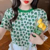Felpe con cappuccio da donna Abbigliamento da donna T-shirt casual a fiori estivi Abbigliamento coreano per adolescenti Abbigliamento kawaii Top di moda Stampa completa Verde Blu