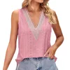 Camisetas sin mangas para mujer, camisetas sin mangas sólidas de verano, camisas sexys de encaje fluido para ocultar el vientre, cuello en V profundo, lindo informal