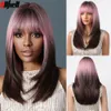 Pink to Brown Ombre Layered Synthetic Wigs Hair for Women Medium Length Straight Cosplay Colored Wigs with Bangs Heat Resistantf