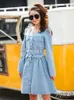 Casual Dresses Design Fashion Women Sexy Bandage Off Shoulder Long Sleeve Denim Jeans A-line Singe Breasted High Waist Dress S M L XL