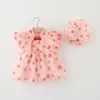 Flickklänningar 2-stycken 2023 Summer Toddler Girls Clothes Cartoon Cute Strawberry Mesh Short Sleeve Baby Princess Dress Hats BC2308-1