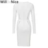 Lässige Kleider WillBeNice Damen Winter Langarm Weiß Elegant Verbandkleid Frauen Sexy Aushöhlen Mesh Bodycon Promi Party Vestidos