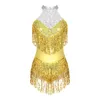 Stage Wear Sparkly Tassel Body Femmes Brillant Sequin Performance Costume Une Pièce Latin Dancewear Tango Justaucorps Rave Festival Robe