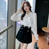 Arbetsklänningar Kvinnors Autumn Winter Short Jacket Bow Shirt Hög midja A-Line Pleated Kjol Three-Piece Suits/Set Ladies