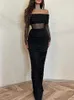 Casual Dresses Mesh Sheer Off Shoulder Maxi Dress Women Elegant Long Sleeve Ruched Body Black Sexig födelsedag Retro Hög stretchdel