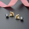 Pendientes de tuerca auténticos de plata de ley 925, pendientes de perlas, abanico de moda de Color dorado para mujeres y niñas, regalo de joyería para fiesta y boda