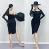 Sahne Giyim Latin Dans Eğitim Giysileri 2023 Vintage Fusion Style Çok yönlü küçük siyah elbise hafif raglan uzun kollu göbek