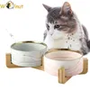 Feeding Ceramic Dog / Cat Bowl with Wood Stand Raised Dog Food Bowl Elevated Cat Water Bowl Pet Feeder Puppy Feeding Dish Kitten Feeder