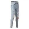 Herren Jeans Herren Distressed Crystals Patchworks Aushöhlen Stones Patches Hellblau Washed Slim Stretch Denim Größe 28-40