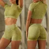 Strój do jogi myte bezszwowe set kobiety kobiety żebrowane koszule z uprawy szorty dwupoziomowe 2PCS Fitness Gym trening sportowy