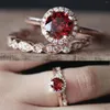 Wedding Rings 2pcs Vintage unieke ovaal gesneden verlovingsring rood belofte delicaat ontwerp voor vrouwen licht luxe hoog