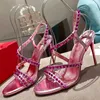가죽 실버 다이아몬드 웨딩 슈즈 럭셔리 디자이너 새로운 라인 오픈 발가락 스틸레토 하이힐 여성 신발 하이 감각 로마 샌들 크기 35-43 +박스