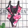 Costume da bagno intero con motivo floreale rosa, logo con lettera, bikini, doppio lato, costume da bagno intero primaverile all'aperto