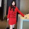 Work Dresses Autumn 2023 Red Tweed Jacket Skirt Two-Piece Sets Winter Women Suits Bow Sweet
