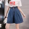 女子ショートパンツジーンズZOKI大サイズ女性デニムショーツエラスティックハイウエストルーズ韓国のショートジーンズファッションカジュアルボタンブルーワイドレッグショーツ5xl