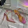2023Designer Pure Color Round Head High Heel Sandals Womens Luxury 100% Leather Silver/Pink/Blue Open Toe Crystal Sandal Lady Sexig Fashion Strappy Stiletto Heel Shoes
