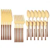 Dinnerware Sets Silver 6/24Pcs Knives Fork Spoons Cutlery Set Wooden Handle Western Stainless Steel Tableware Rack Flatware
