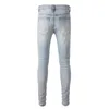 Herren Jeans Herren Distressed Crystals Patchworks Aushöhlen Stones Patches Hellblau Washed Slim Stretch Denim Größe 28-40