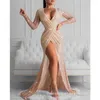 Lässige Kleider tauchen Hochschlitz Ruched Pailletten Kleid Mode sexy Frauen Langarm Taille Korsett Knöchel Länge Cocktailparty