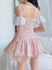 Klänningar iamhotty kawaii kaskad ruffle coquette klänning rosa slash hals spaghettirem lolita klänningar japansk stil aline smal outfit