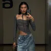 Women's T Shirts Club Parties Daily Female Square Neck Two Pieces Suits Greys Gauzes Tops Sexy Insgram Style Clothing For Girls