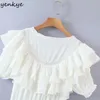 Dress YENKYE Summer Women Sweet Lace White Dress Female Short Sleeve Layered Ruffle Cake Dress Party Mini Vestido