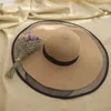 ワイドブリム帽子15cmレースストローハットサマービーチシーサイド日焼け止めフロッピーサンハットレディUV保護キャップ