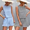 Women's Tracksuits Elegant Women Sleeveless Shorts 2-Piece Suit For Summer 2023 Casual O-neck Plaid Vest Ruffle Set Clothing