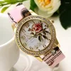 Wristwatches Relogio Feminino Fashion Rose Flower Watches Women Graffiti Leather Strap Quartz Ladies Crystal