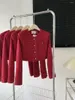 Damesjacks Vintage Tweed Crop Jacket for Women Spring Autumn High Street Lange mouw O Hek Korte dame Elegant Red Out -Bearder Top