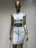 Work Dresses Women 2 Piece Set Bandage Stretch Crop Top And High Waist Skirt With Gold Buttons Geometric Outfits Club Party Street