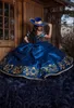 Charro Princess Navy Blue Quinceanera klänningar Guldbroderi puffy kjol Lace-up korsett prom födelsedag söt 15 klänning