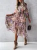 Jurken 2021 Autumn Long Print Shirt Jurk Women Vintage Chiffon Maxi Ruffle Dress Single Breasted Elegant Long Sleeve Flower Party Robe