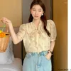 Women's Blouses Short Sleeve Lace-Up Ribbon S 2023 Women Tops Chic Korea Preppy Style Cute Sweet Girl Bow Tie Pink Ruffles Shirt