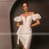 Party Dresses Sexig bröllopsklänning 2023 Deep V Neck Off the Shoulder Asymmetrical Wedding Clown for Bride Puff Sleeves Mante/Column Bridal Dress T230502