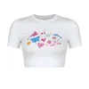T-shirts pour femmes coloré papillon col rond T-shirt haut femmes 2023 printemps imprimé mince court court nombril Europe et les États-Unis