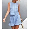 Women's Tracksuits Elegant Women Sleeveless Shorts 2-Piece Suit For Summer 2023 Casual O-neck Plaid Vest Ruffle Set Clothing