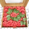 Fleurs décoratives 25 pièces Roses en mousse artificielle avec tiges et feuilles bricolage Bouquet de mariage saint valentin fleur boîte-cadeau fournitures