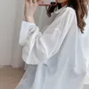 Kvinnors blusar eBaihui White Transparent Chiffon Blue Chic Women Summer Oversize Puff Long Sleeve Shirt Korean Style Cardigan Basic Sheer