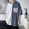 Men's Casual Shirts 2023 Men Striped Pockets Patchwork Streetwear V-neck Tops Half Sleeve Fashion Camisas Black/Lake Blue