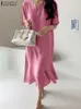 Dress ZANZEA Elegant Summer Short Sleeve Solid MidCalf Dress Women Fashion V Neck Ruffles Hem Sundress Casual OL Work Vestidso Kaftan