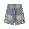 Shorts masculinos verão camou jeans shorts masculinos de hip hop destruído camuflagem americana moda vintage tassel retchwork jeans shorts t230502