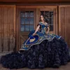 Charro Princess Navy Blue Quinceanera klänningar Guldbroderi puffy kjol Lace-up korsett prom födelsedag söt 15 klänning