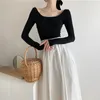 Kadın T-Shirt Uzun kollu ince arkasız kuğu siyah tişört kadınlar moda bodycon üstleri bale bahar yaz Camisetas de Mujer 230428