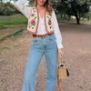 Women's Vests Blue Floral Embroidered Women's Vest 2023 Rose Red Sleeveless Jackets Crop Top Waistcoat Fashion Vintage Stylish Classic