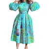 Casual Dresses 2023 Women Fashion Temperament Printed Stand Collar Puff Sleeve African Style Lady Mid Long Dress