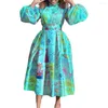 Robes décontractées 2023 femmes mode tempérament imprimé col montant manches bouffantes Style africain dame mi longue robe