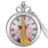 Pocket horloges mode zilveren horloge hanger holle gebouw cover kwartz ketting roman cijfer wijzerplaat klok geschenken